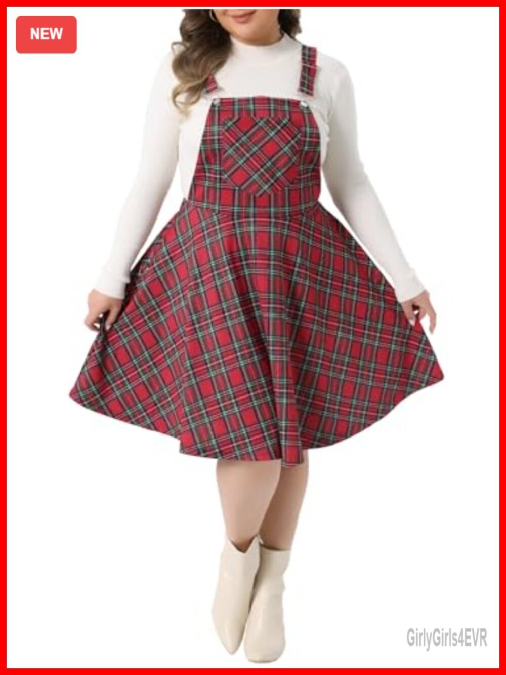 Plus Size Plaid Overall Pinafore Dress Adjustable Straps Swing Casual